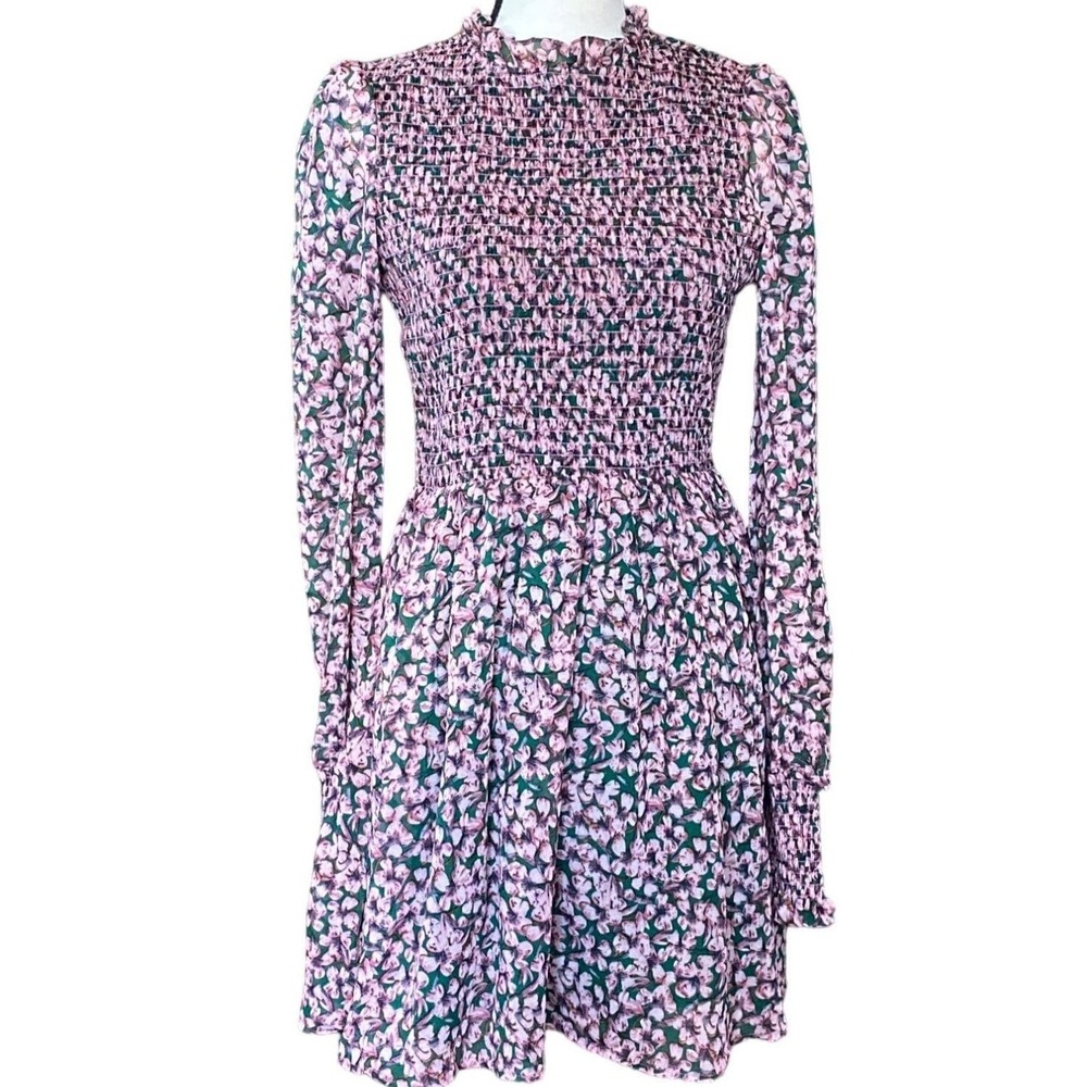 Lulus Floral Forever Green and‎ Pink Floral Print Smocked Skater Dress Women S